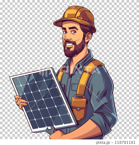 A solar installer in a work shirt, holding a solar panel and a wrench, on a white background. 118781181