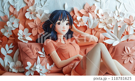 ペーパーアートで描かれた若い女性のイラスト	 118781625