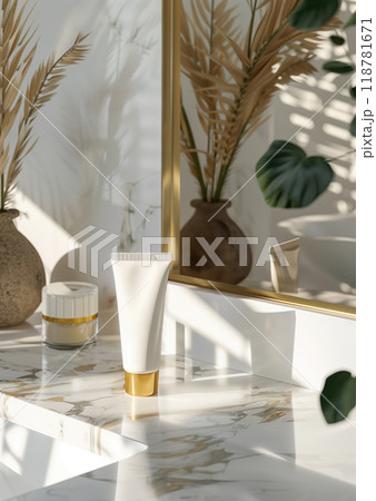 Cosmetic tube mockup on marble with a blurred mirror and foliage in the background, providing a clean and elegant setting for branding and packaging design visualization 118781671