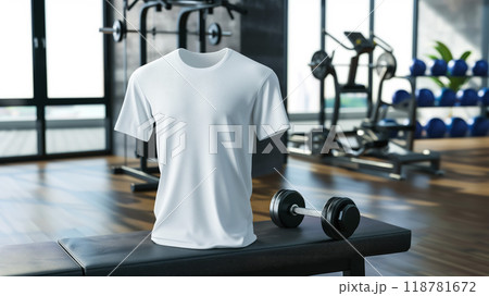 Simple gym setup with white t-shirt and dumbbell on bench, emphasizing fitness apparel and workout gear in a gym environment 118781672