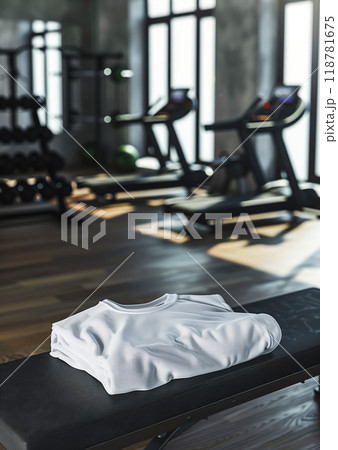 Simple gym setup with white t-shirt and dumbbell on bench, emphasizing fitness apparel and workout gear in a gym environment 118781675
