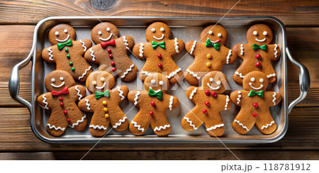 Baked Gingerbread Men Cookies on a Tray 118781912