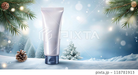 Blank Cream Product Display With Winter Pine and Snow Background 118781913