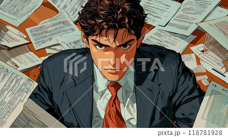 スーツ姿で書類に囲まれ仕事をする忙しいビジネスマン	 118781928