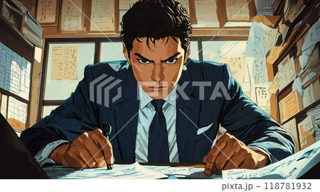 スーツ姿で書類に囲まれ仕事をする忙しいビジネスマン	 118781932
