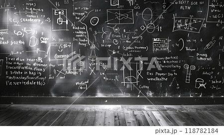 黒板に書かれた沢山の謎の数式 黒板に書かれた沢山の謎の数式 118782184
