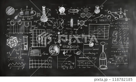 黒板に書かれた沢山の謎の数式	 118782185