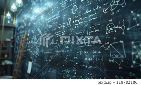 黒板に書かれた沢山の謎の数式 黒板に書かれた沢山の謎の数式 118782186