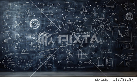 黒板に書かれた沢山の謎の数式 黒板に書かれた沢山の謎の数式 118782187