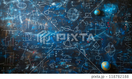 黒板に書かれた沢山の謎の数式	 118782188