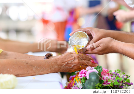 Thai New Year celebration, Rot Nam Dam Hua, traditional celebration of elders. Songkran ceremony. 118782203