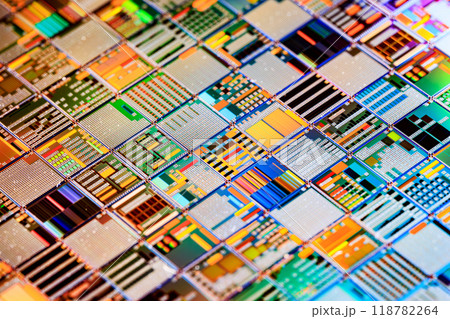 Silicon semiconductor wafer close-up. In electronics, a wafer also called a slice or substrate is a thin slice of semiconductor, a crystalline silicon, used for the fabrication of integrated circuits Silicon semiconductor wafer close-up. In electronics, a wafer also called a slice or substrate is a thin slice of semiconductor, a crystalline silicon, used for the fabrication of integrated circuits 118782264