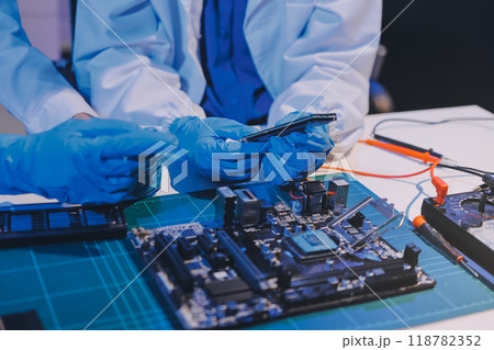Electronics technician, electronic engineering electronic repair, electronics measuring and testing, repair and maintenance concepts. 118782352