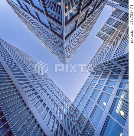 bottom to sky view of modern buildings 118782471