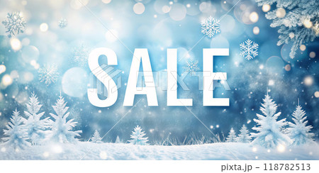 Blue Background with Snowflakes and Trees. White word Sale 118782513