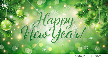 Festive Green Happy New Year Card with Holiday Decorations. Fir branches. Boke. 118782538