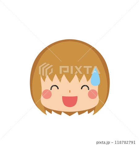 冷や汗をかいて笑う可愛い小さな女の子のイラスト　絵文字　アイコン　顔　表情　白背景　ベクター 118782791