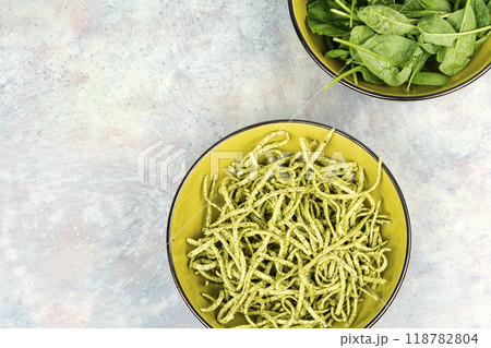 Homemade spinach pasta. Homemade spinach pasta. 118782804