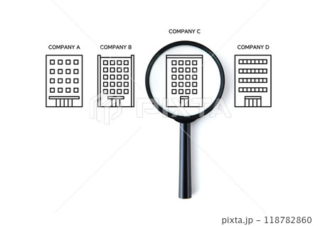虫眼鏡と会社のイラストアイコンの合成画像―企業の監査・分析イメージ 118782860