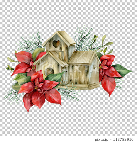 Christmas red flower poinsettia with fir and omela branches decor bird wooden house. Hand drawn new year clipart for poster, party, winter decoration. Web and blog design Christmas red flower poinsettia with fir and omela branches decor bird wooden house. Hand drawn new year clipart for poster, party, winter decoration. Web and blog design 118782910