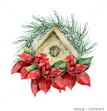 Christmas hand drawn illustration with red poinsettia flower, wooden bird house and fir branches. Hand drawn clip art for winter season decor, paper, scrapbooking, card, gift design Christmas hand drawn illustration with red poinsettia flower, wooden bird house and fir branches. Hand drawn clip art for winter season decor, paper, scrapbooking, card, gift design 118782911