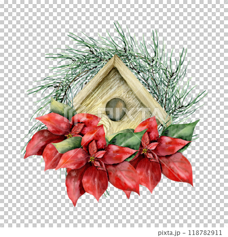 Christmas hand drawn illustration with red poinsettia flower, wooden bird house and fir branches. Hand drawn clip art for winter season decor, paper, scrapbooking, card, gift design 118782911