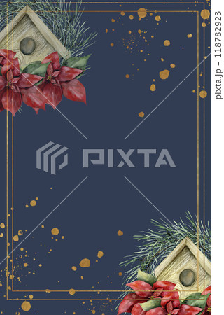 New tear and holy Christmas greeting card template with bird wooden house with red Christmas flower poinsettia and fir branches on dark background. Hand drawn isolated winter seasonal clipart 118782923