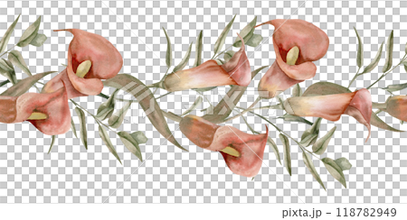 Red calla lily flowers with green eucalyptus watercolor seamless banner. Hand drawn floral border, romantic tropical flowers for wedding invitation, celebration, product packing design 118782949