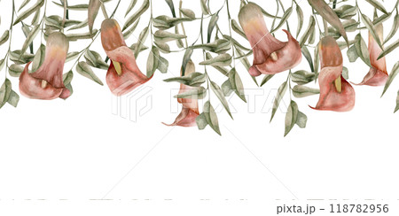 Red flowers calla lily with green eucalyptus branches floral watercolor banner. Hand drawn flowers composition for textile, packing, cosmetics design. Stationery, wedding card, save date 118782956