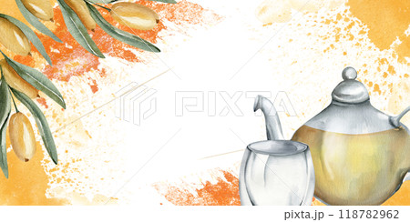 Sea buckthorn hot tea in glass kettle with cup, berries branches on watercolor splashes illustration. Hand drawn banner template, beverage packing design. drinking for menu, restaurant design Sea buckthorn hot tea in glass kettle with cup, berries branches on watercolor splashes illustration. Hand drawn banner template, beverage packing design. drinking for menu, restaurant design 118782962