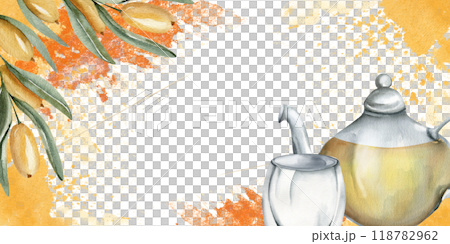 Sea buckthorn hot tea in glass kettle with cup, berries branches on watercolor splashes illustration. Hand drawn banner template, beverage packing design. drinking for menu, restaurant design Sea buckthorn hot tea in glass kettle with cup, berries branches on watercolor splashes illustration. Hand drawn banner template, beverage packing design. drinking for menu, restaurant design 118782962