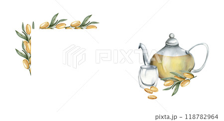 Sea buckthorn hot tea in glass kettle, cup and branches decor in watercolor banner. Hand drawn frame, beverage for health, autumn drinking painting for seasonal menu, restaurant, label design Sea buckthorn hot tea in glass kettle, cup and branches decor in watercolor banner. Hand drawn frame, beverage for health, autumn drinking painting for seasonal menu, restaurant, label design 118782964