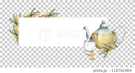 Sea buckthorn hot tea in glass kettle, cup and branches decor in watercolor banner. Hand drawn frame, beverage for health, autumn drinking painting for seasonal menu, restaurant, label design Sea buckthorn hot tea in glass kettle, cup and branches decor in watercolor banner. Hand drawn frame, beverage for health, autumn drinking painting for seasonal menu, restaurant, label design 118782964