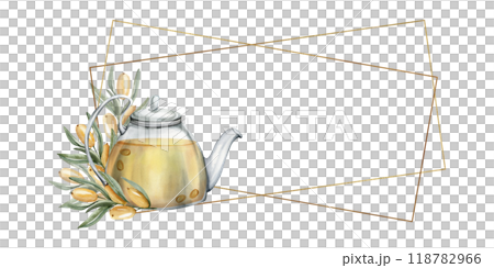 Sea buckthorn berries with glass transparent tea pot with orange liquid frame.Watercolor hand drawn banner.drink illustration with golden frames for product packing, menu, restaurant design. Beverage Sea buckthorn berries with glass transparent tea pot with orange liquid frame.Watercolor hand drawn banner.drink illustration with golden frames for product packing, menu, restaurant design. Beverage 118782966