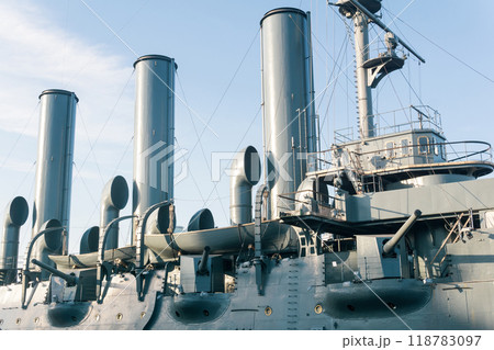 board of an ancient steam warship, vintage naval background 118783097