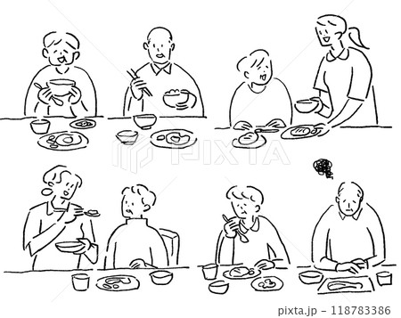 介護、福祉系のお仕事セット（食事、食事介助、ご飯）、線画 118783386