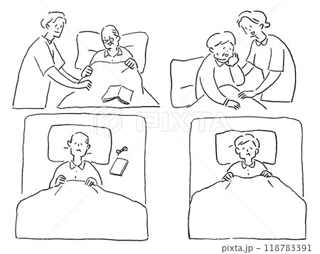 医療、介護、福祉のお仕事（睡眠、布団で眠るお年寄り）、線画 118783391