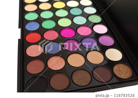 Rainbow colors eyeshadow palette close-up. Colorful shadow palette on white background 118783528