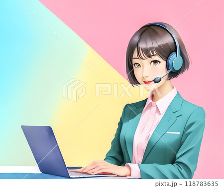 ヘッドセットをつけて働く女性オペレーターのイメージ素材 118783635