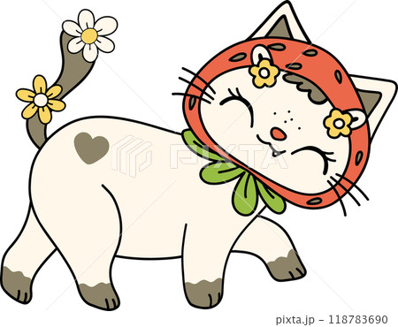 Retro Groovy Strawberry Cat walking Doodle Character Retro Groovy Strawberry Cat walking Doodle Character 118783690