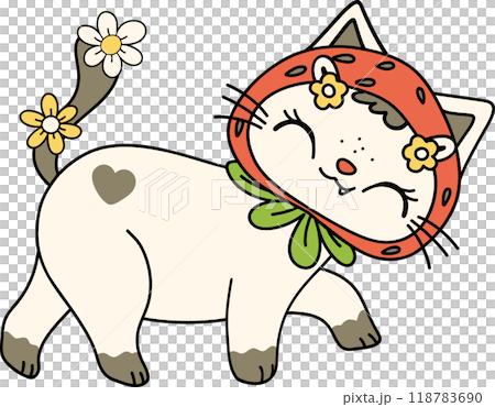 Retro Groovy Strawberry Cat walking Doodle Character Retro Groovy Strawberry Cat walking Doodle Character 118783690