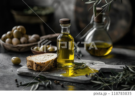 Olive oil in a glass bottle with bread and olives. 118783835