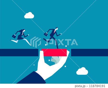 Connect the bridge to help and support team to success. Giant manager hand help connect missing piece as the bridge for team members to cross the gap. Solution or assistance concept 118784191