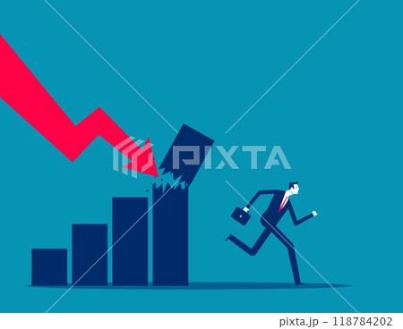 Money loss. Fear businessman or investor with money run away from collapsing graph. Economic recession from high inflation, stock market crash, investment risk or price. Crisis or depression concept Money loss. Fear businessman or investor with money run away from collapsing graph. Economic recession from high inflation, stock market crash, investment risk or price. Crisis or depression concept 118784202