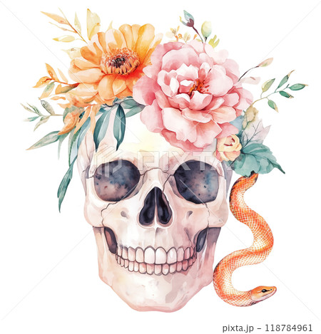 Cute Watercolor Skull with Flower Crown Featuring Pastel Colors of Pink and Orange, with Small Snake Near It Cute Watercolor Skull with Flower Crown Featuring Pastel Colors of Pink and Orange, with Small Snake Near It 118784961