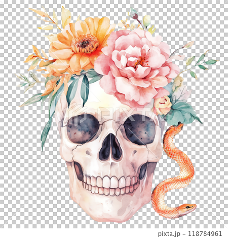 Cute Watercolor Skull with Flower Crown Featuring Pastel Colors of Pink and Orange, with Small Snake Near It Cute Watercolor Skull with Flower Crown Featuring Pastel Colors of Pink and Orange, with Small Snake Near It 118784961