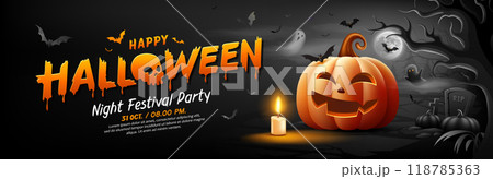 Happy Halloween text yellow and orange design, pumpkins smile, tree, bat flying 118785363
