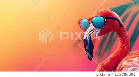 Tropical paradise pink bird. Vacation decoration with copy space template. Abstract jungle poster background. Flamingo summer empty banner with copyspace. 118786005