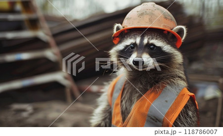 Racoon worker. Construction of building. Safety equipment on construction site. Animal in uniform. Industry builder in yellow helmet 118786007