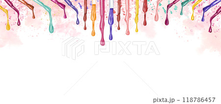 Colored nail polish dripping from brushes horizontal border on watercolor pink splashes. Falling drips palette painted in realistic style. Illustration with empty space for text. For manicure salon. Colored nail polish dripping from brushes horizontal border on watercolor pink splashes. Falling drips palette painted in realistic style. Illustration with empty space for text. For manicure salon. 118786457